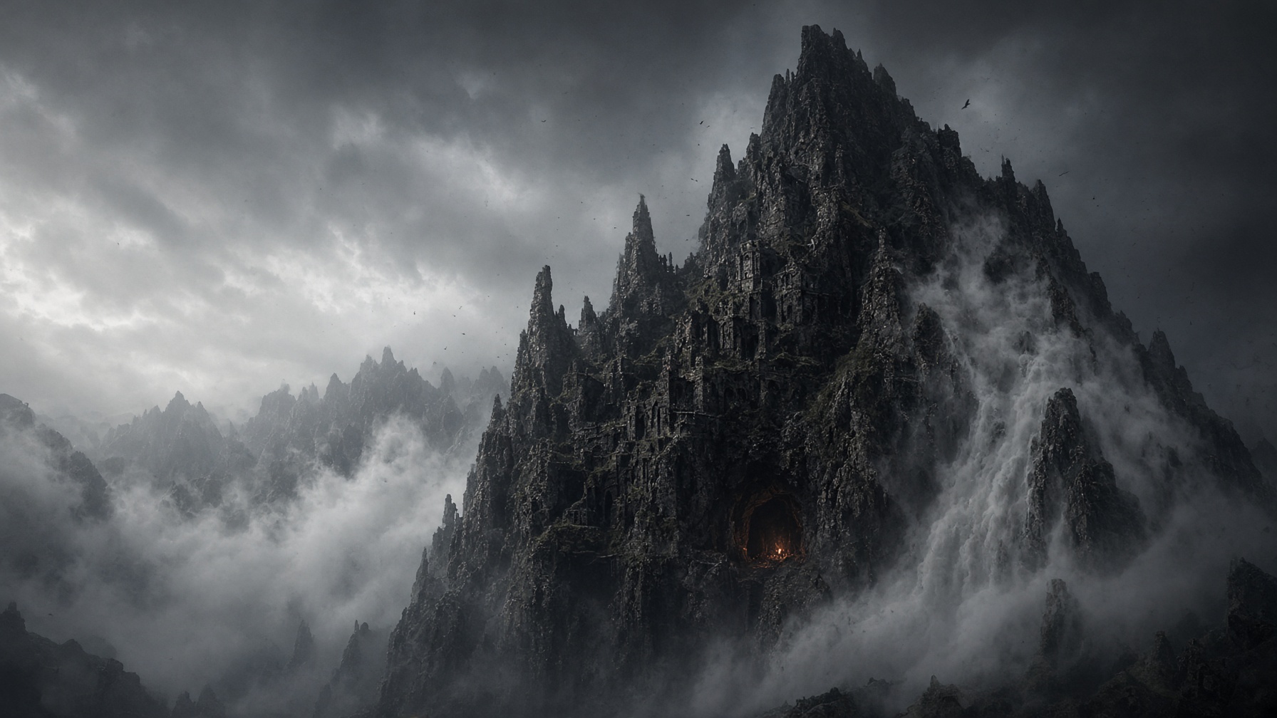 The rotting mountain fortress of Elgilithgorg in fog and ember light